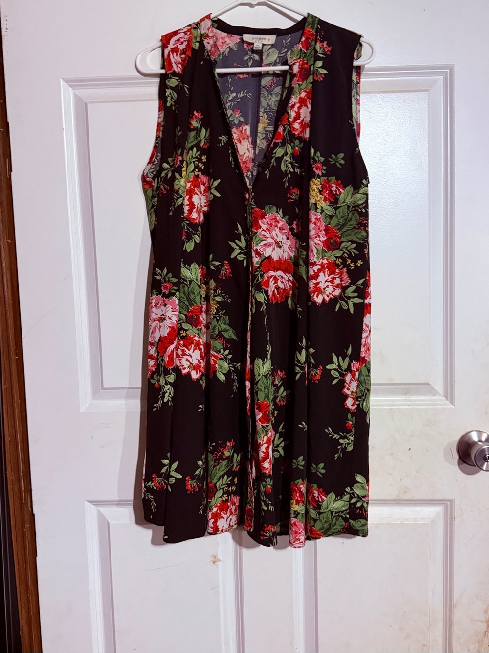 Umgee Black Midi Dress with Red & Pink Floral Print